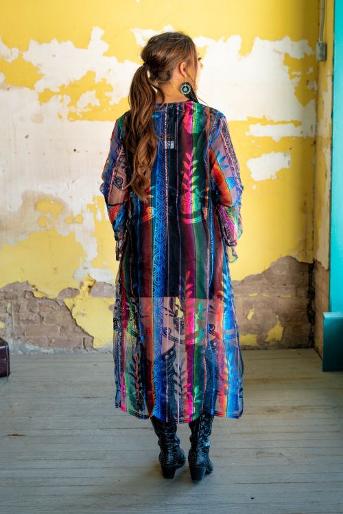PRINTED SERAPE LACE LONG SLEEVE DOUBLE RUFFLE DUSTER