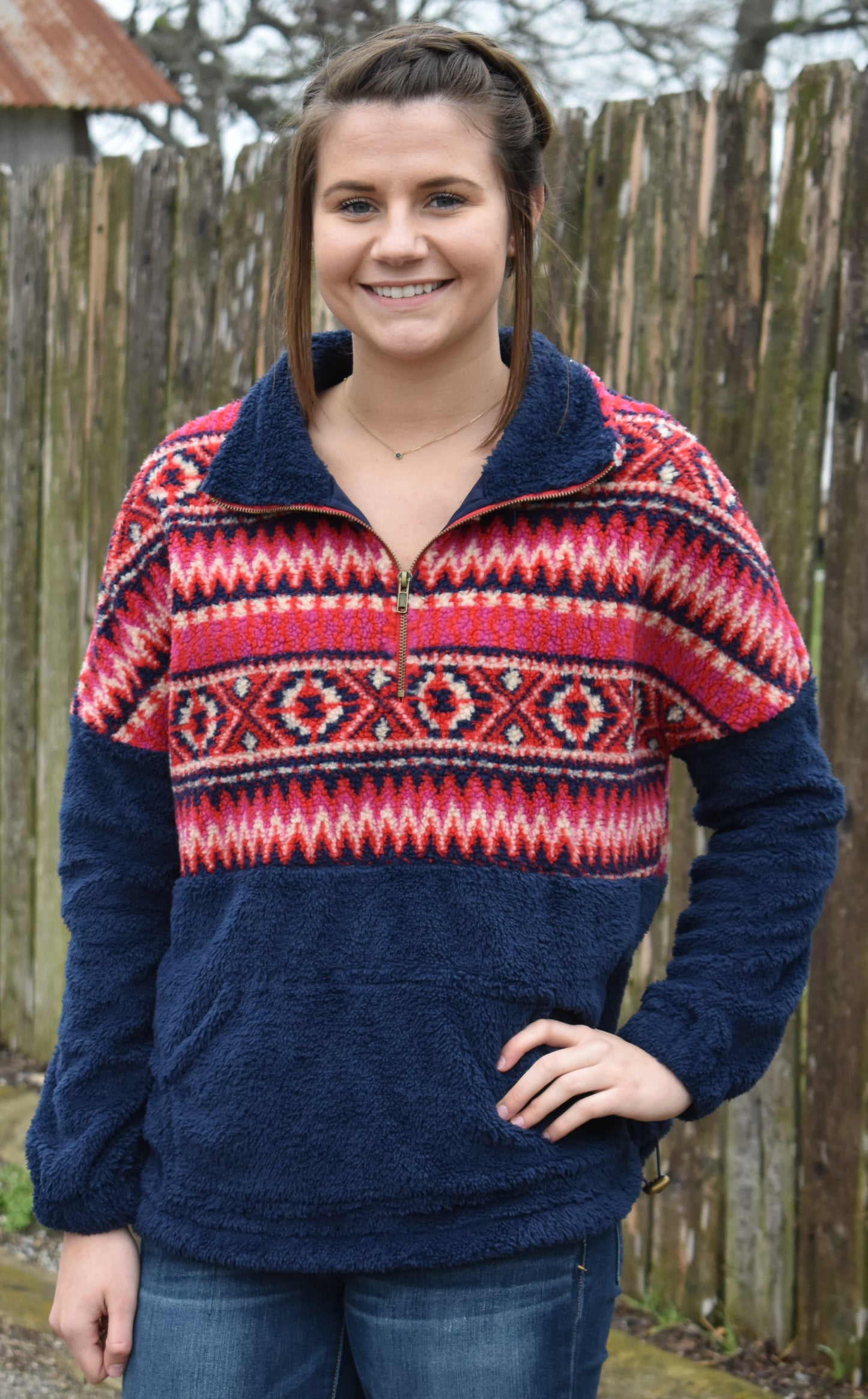 Tribal Print Zip Up Fuzzy Over Sized Pull Over