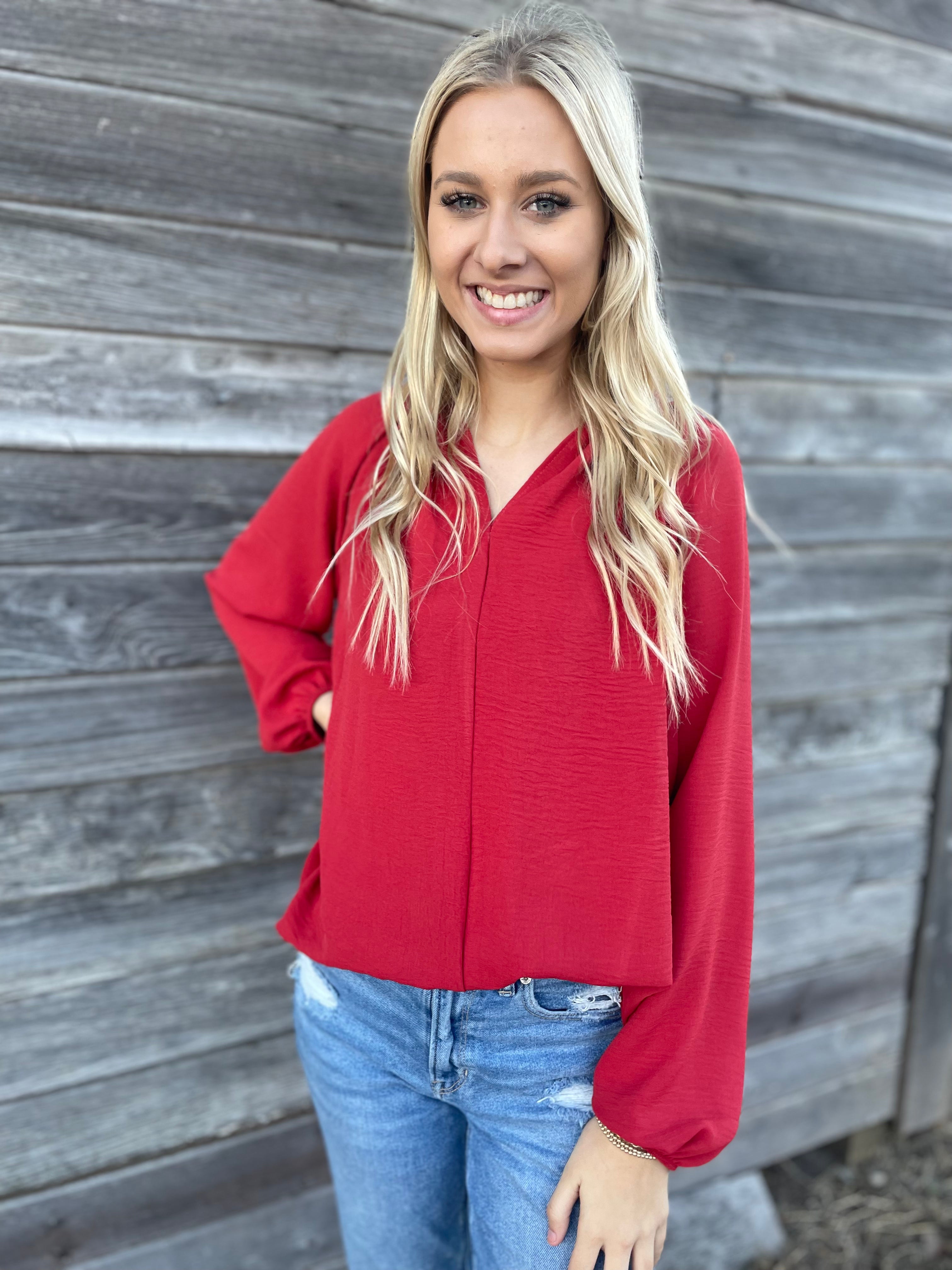 Rust V-Neck Ruffle Collar Blouse (Small)