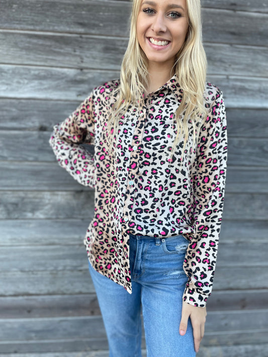 Pink & Cheetah Satin Button Up