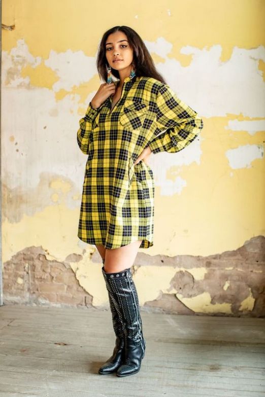 YELLOW PLAID CASUAL V-NECK TUNIC WITH ZIPPER (2XL & 3XL)