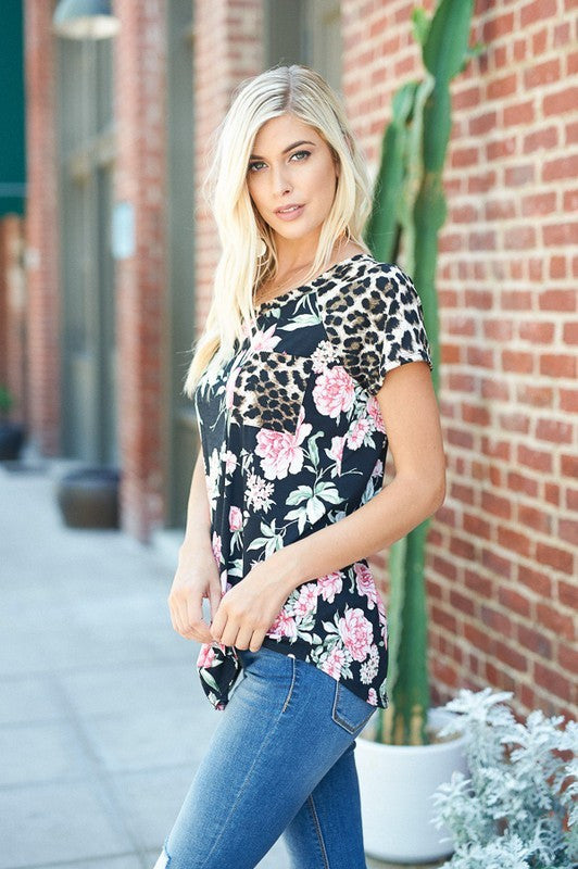 Leopard and Floral Short Sleeve Top