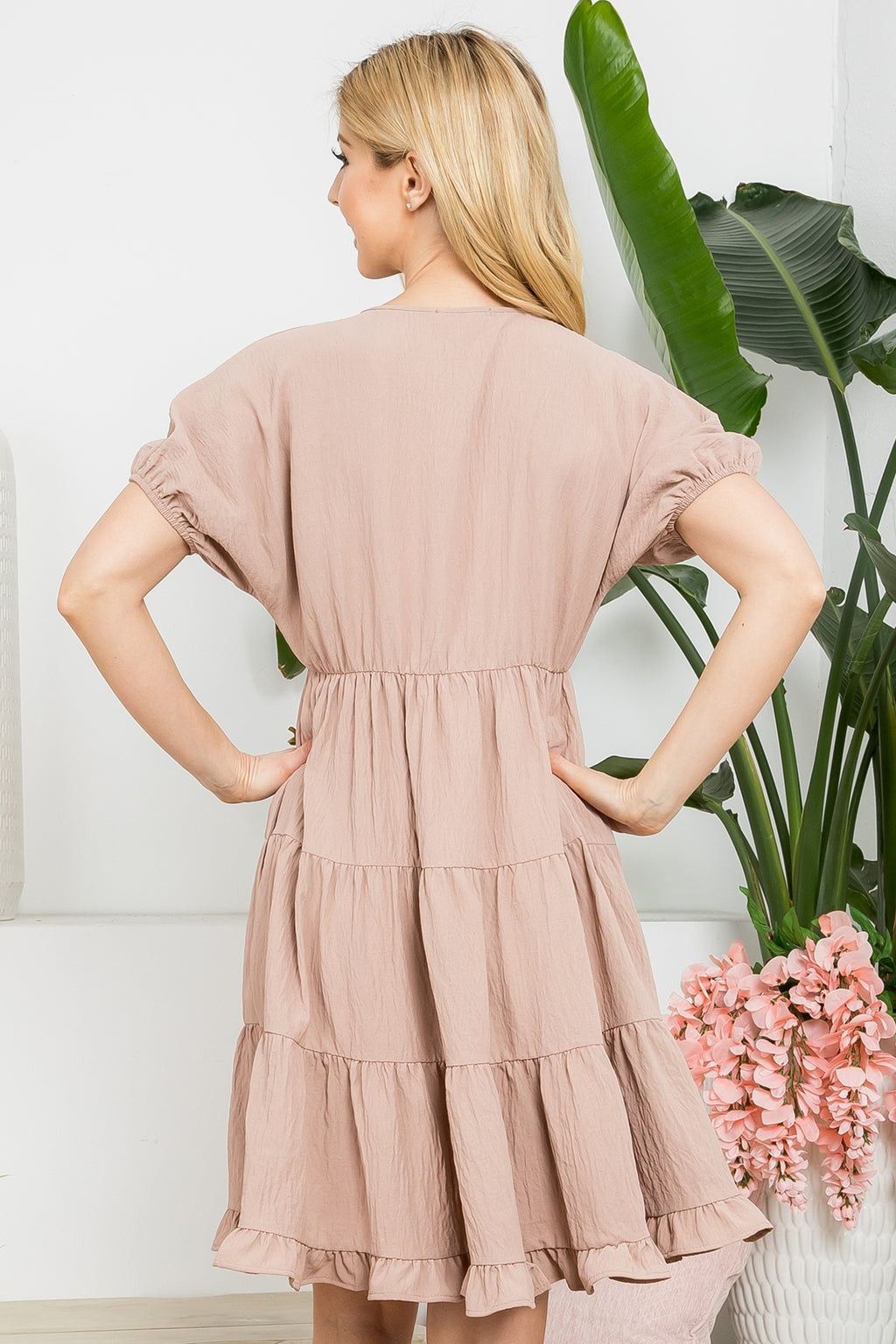 Mocha V Neck Tiered Dress