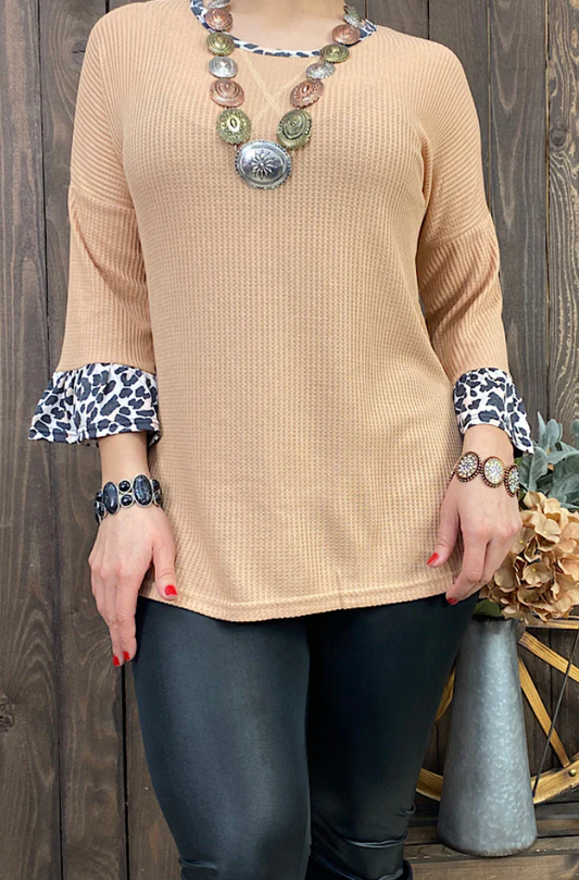 Beige Waffle Top with Leopard Sleeve