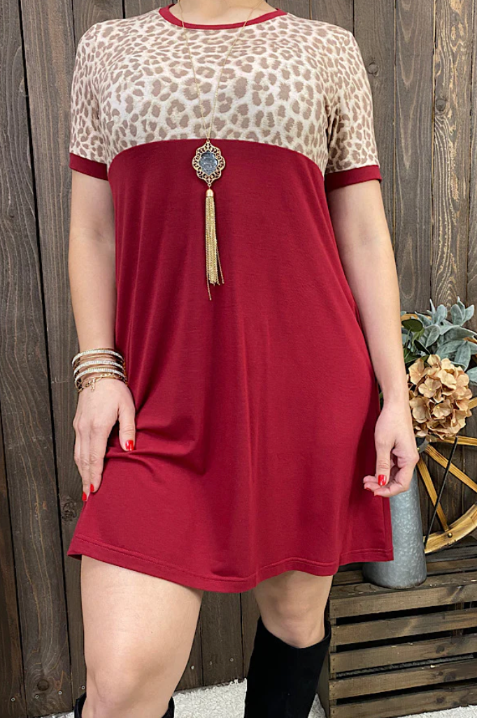 Burgundy & Leopard Tee Shirt Dress