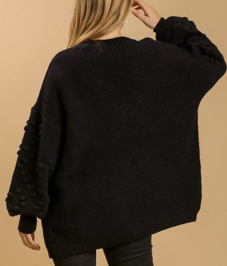 Black Cardigan with Pom Pom Sleeves