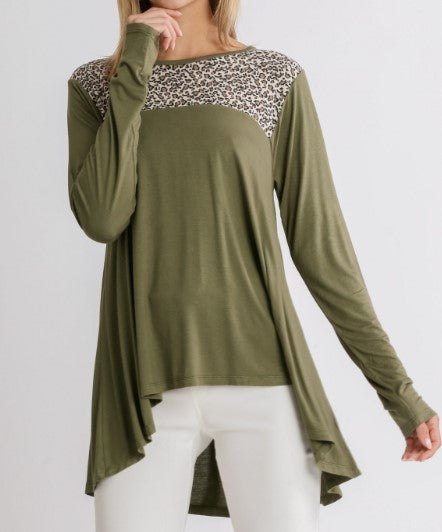 Olive Leopard Print High Low Hem Top