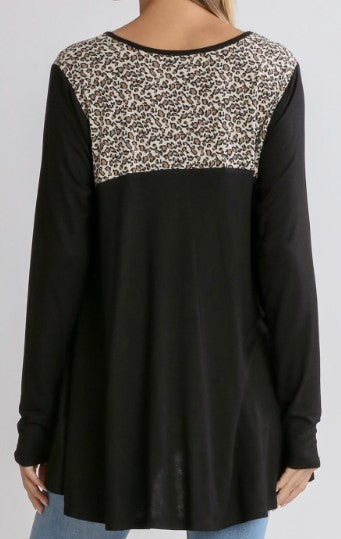 Black Leopard Print High Low Hem Top