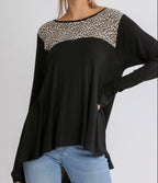 Black Leopard Print High Low Hem Top