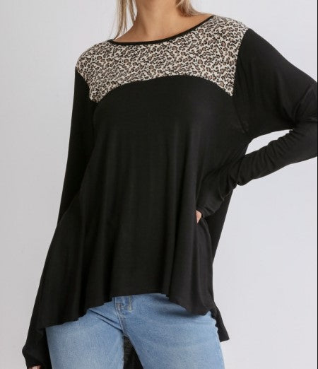 Black Leopard Print High Low Hem Top