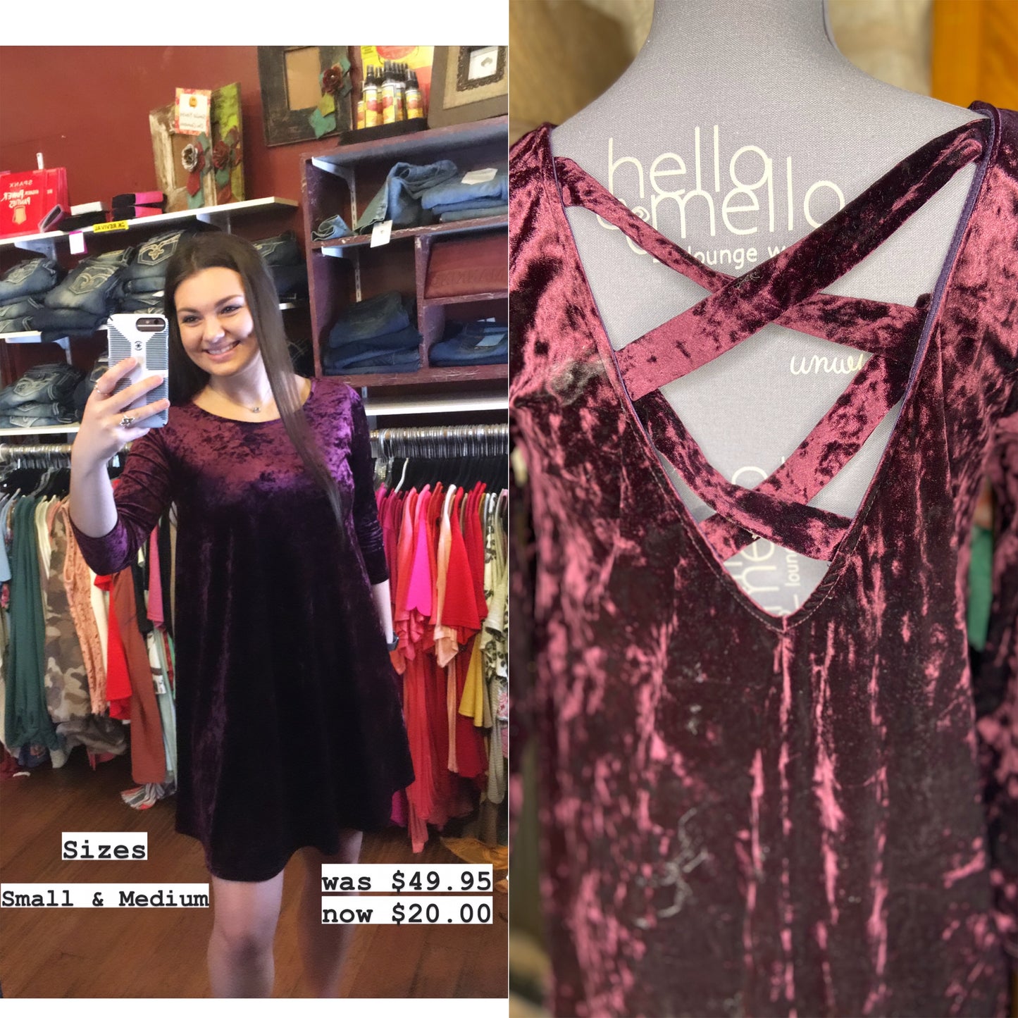 Crisscross Back Velvet Dress Burgundy -  MEDIUM