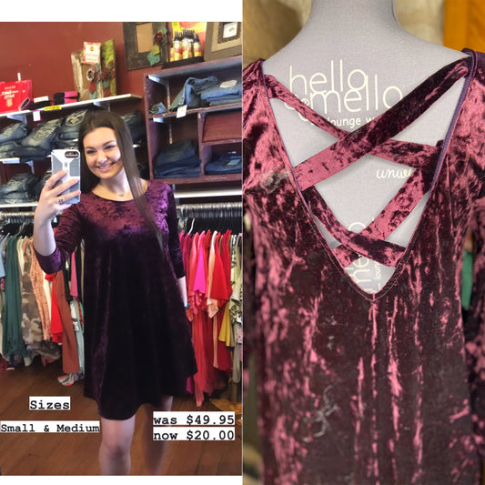 Crisscross Back Velvet Dress Burgundy -  MEDIUM