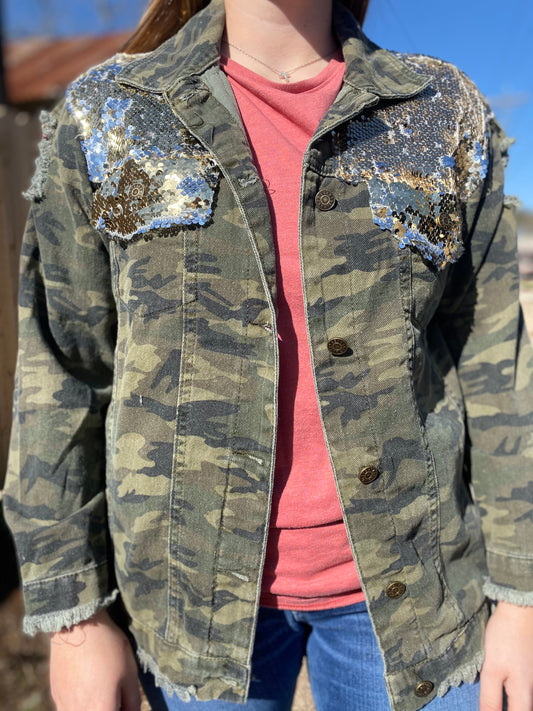 Distressed Camo Jacket with Gold