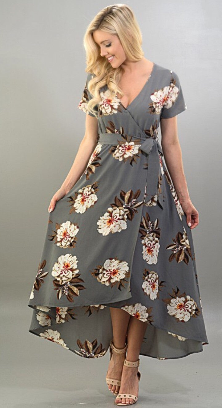 Maxi High Low Floral Print Wrap Dress