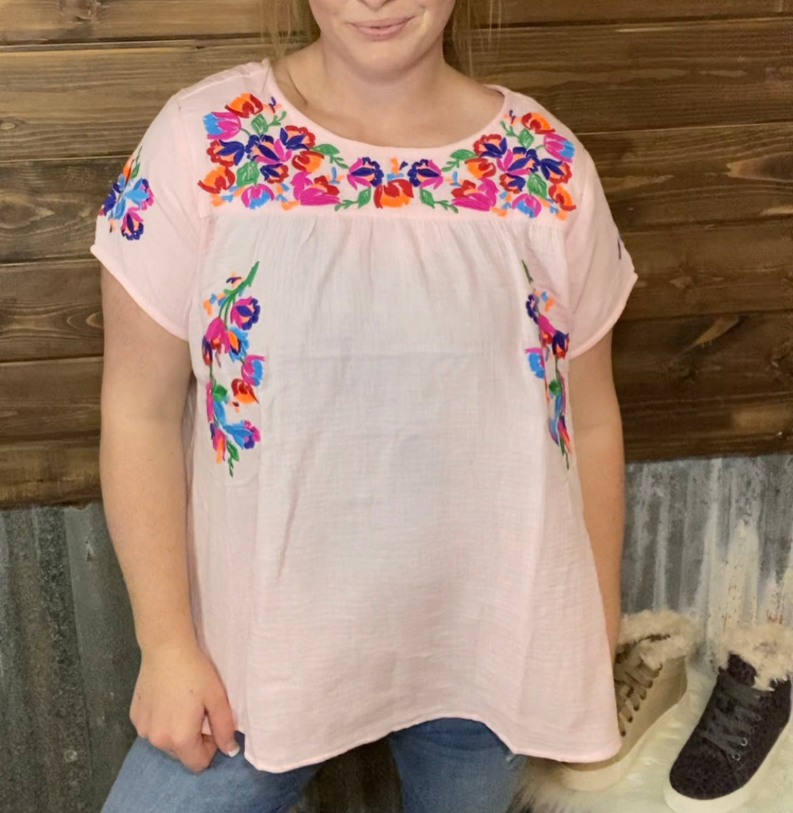 Floral Embroidery Top - Pink