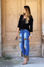 Mid Dark Relaxed Boyfriend Jean With Brown Leopard Detail (SIZE 26,28 & 30) *FINAL SALE*
