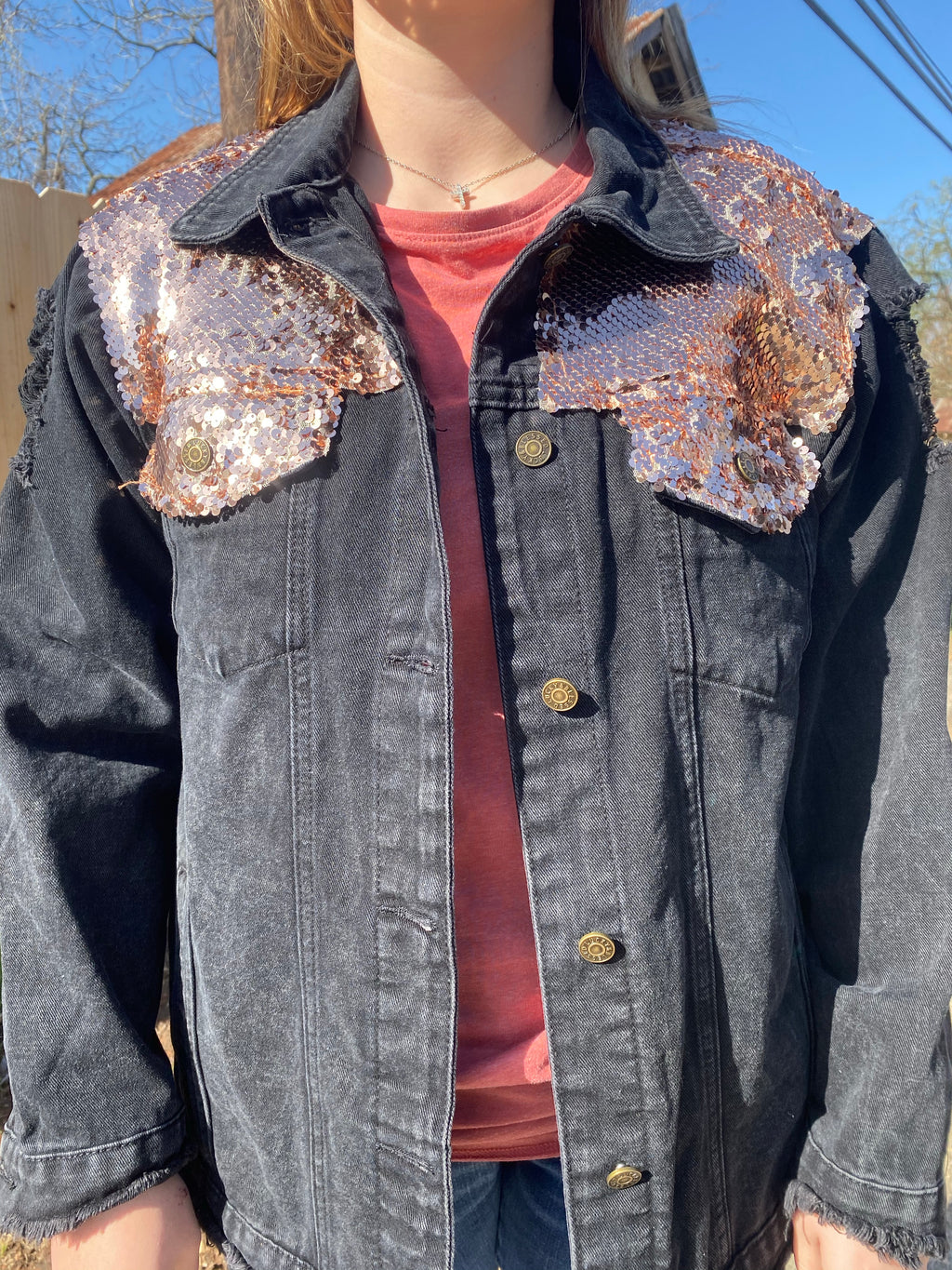 Black Denim Jacket with Rose Gold