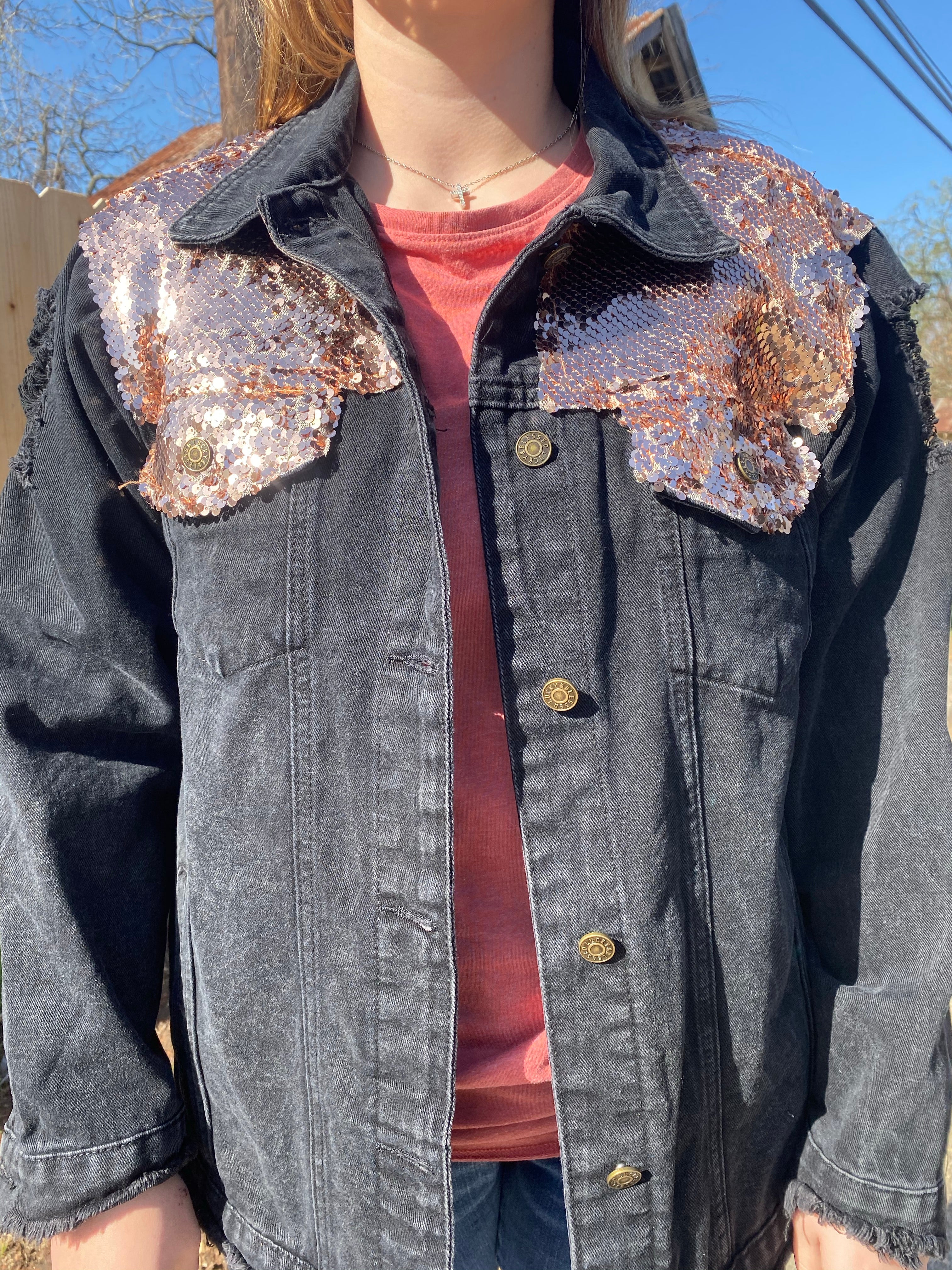 Black Denim Jacket with Rose Gold