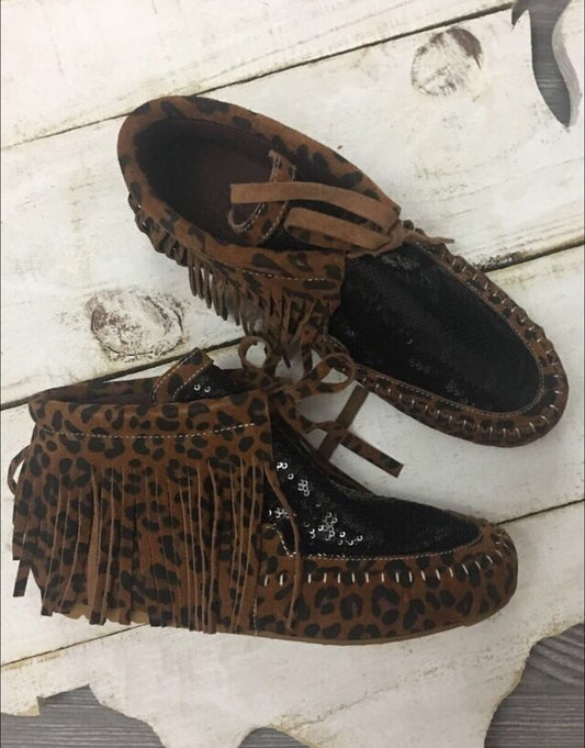 Leopard and Black Sequin Moccasins