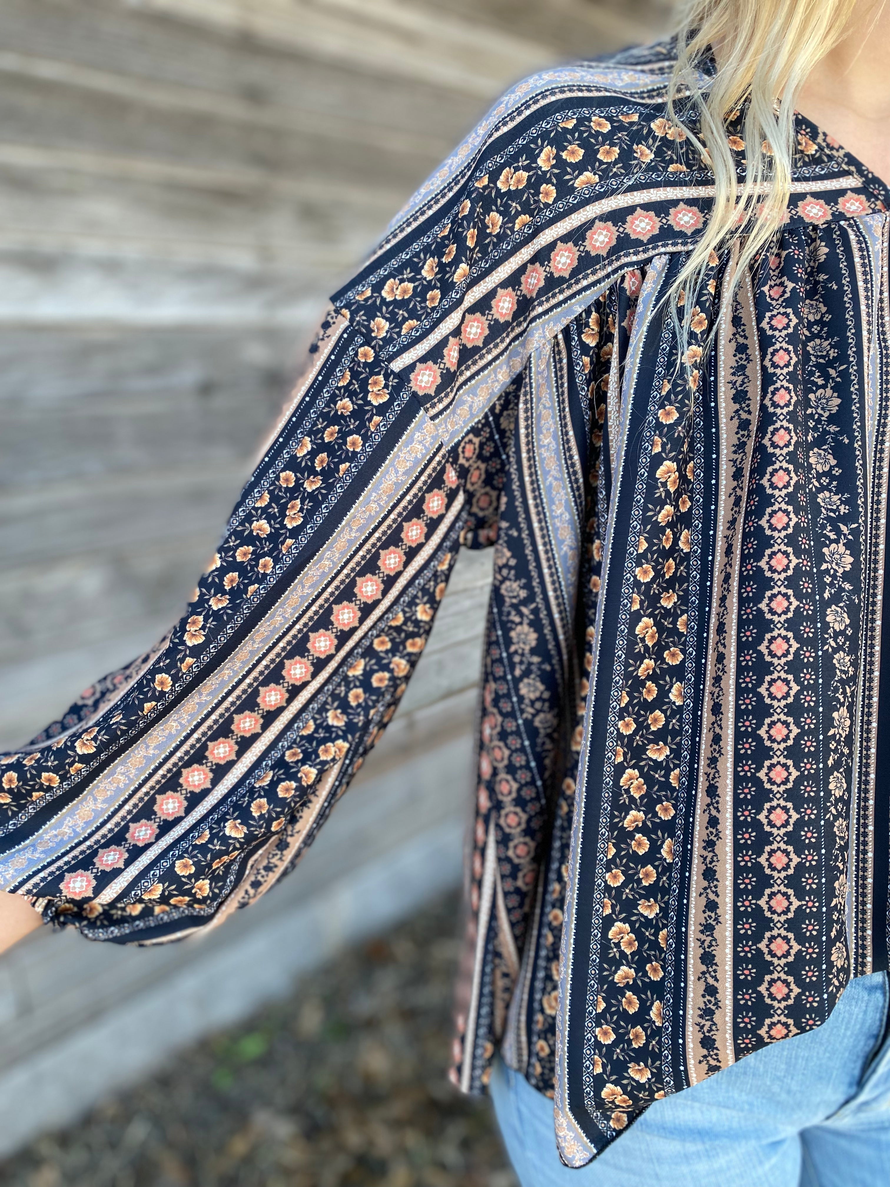 V-Neck Flower Striped Blouse