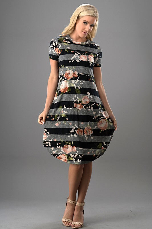 Two Tone Stripe & Floral Overlay Swing Midi Dress