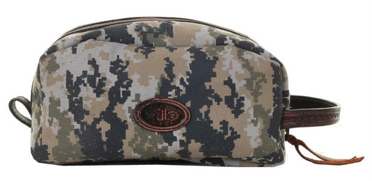 Digital camo canvas shaving kit. Zippered top with brown vintage side handle