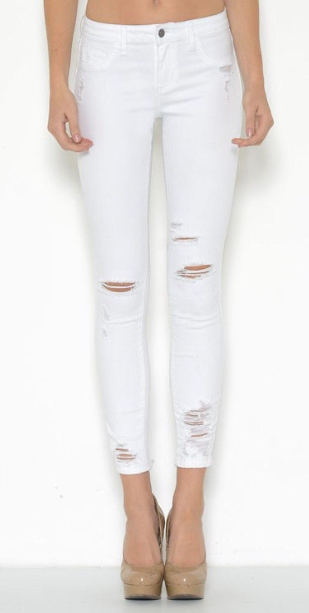 White Destroyed Cropped Ankle Jeans