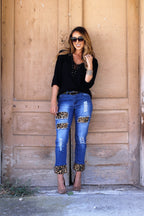 Mid Dark Relaxed Boyfriend Jean With Brown Leopard Detail (SIZE 26,28 & 30) *FINAL SALE*
