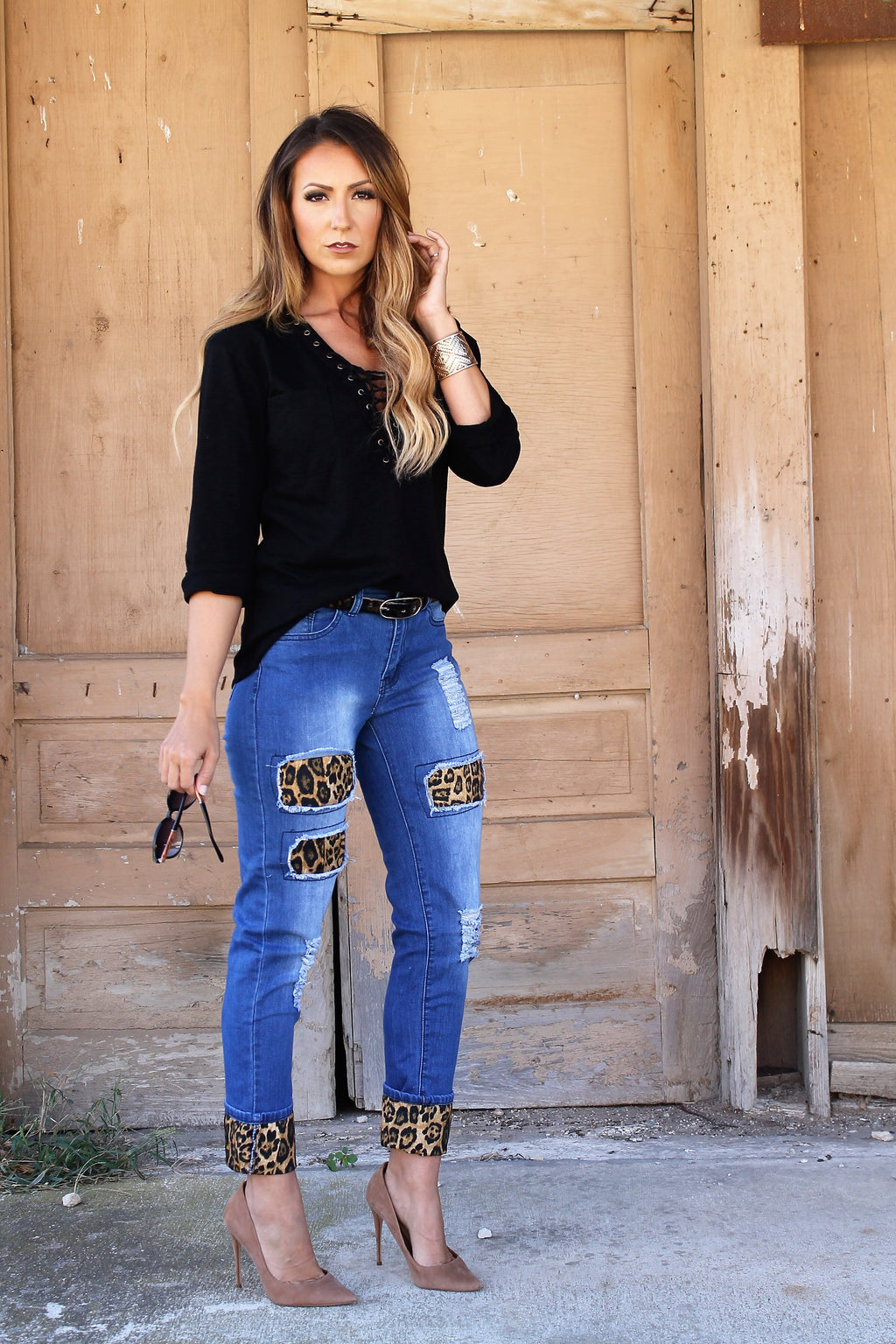 Mid Dark Relaxed Boyfriend Jean With Brown Leopard Detail (SIZE 26,28 & 30) *FINAL SALE*