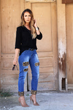 Mid Dark Relaxed Boyfriend Jean With Brown Leopard Detail (SIZE 26,28 & 30) *FINAL SALE*