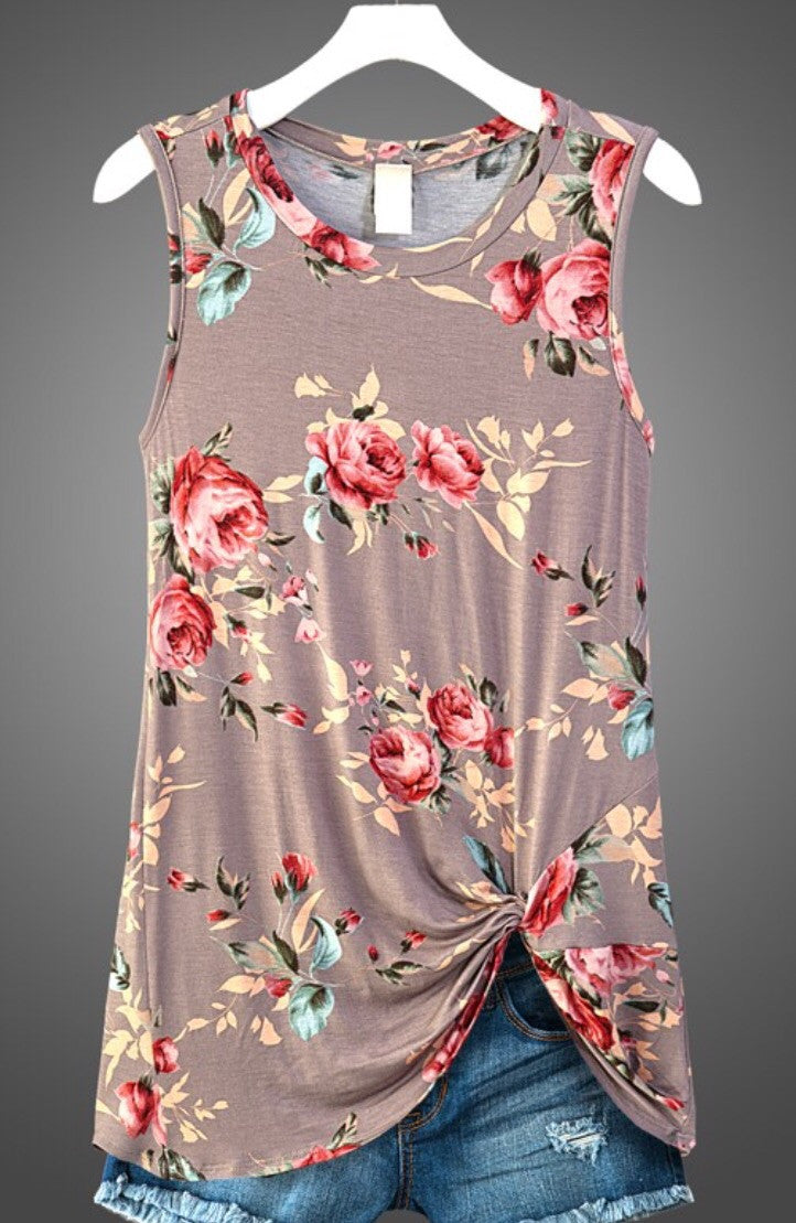 Floral Print Front Knot Sleeveless Top