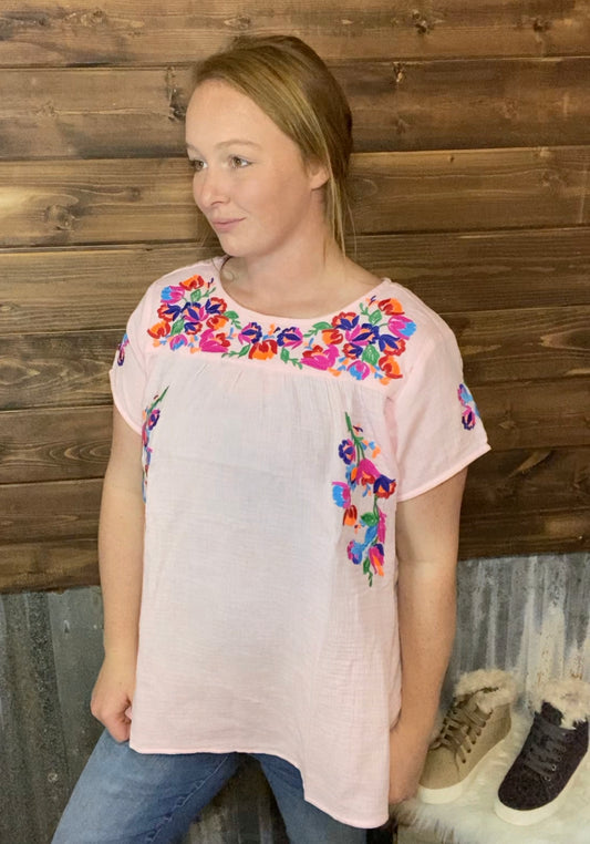 Floral Embroidery Top - Pink