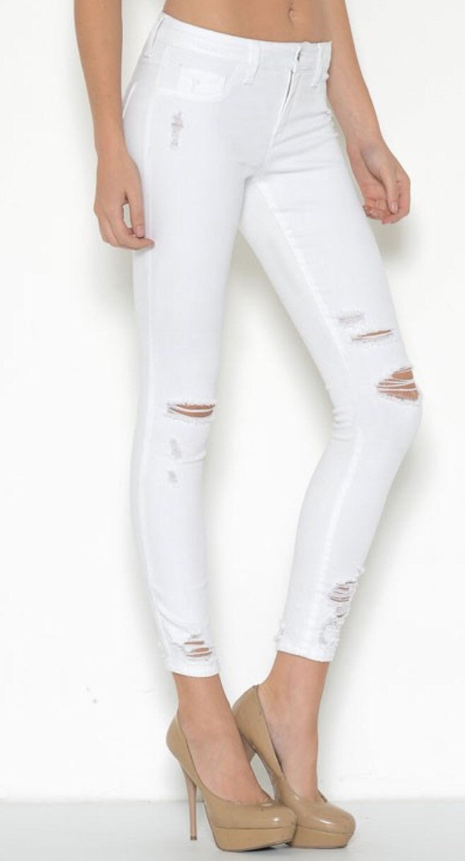 White Destroyed Cropped Ankle Jeans