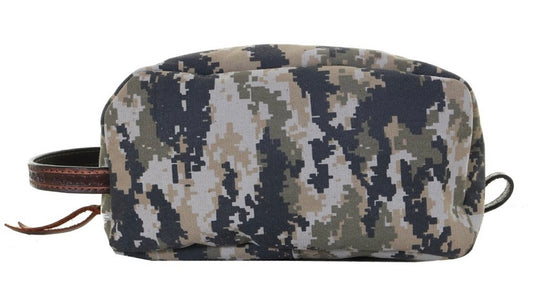 Digital camo canvas shaving kit. Zippered top with brown vintage side handle