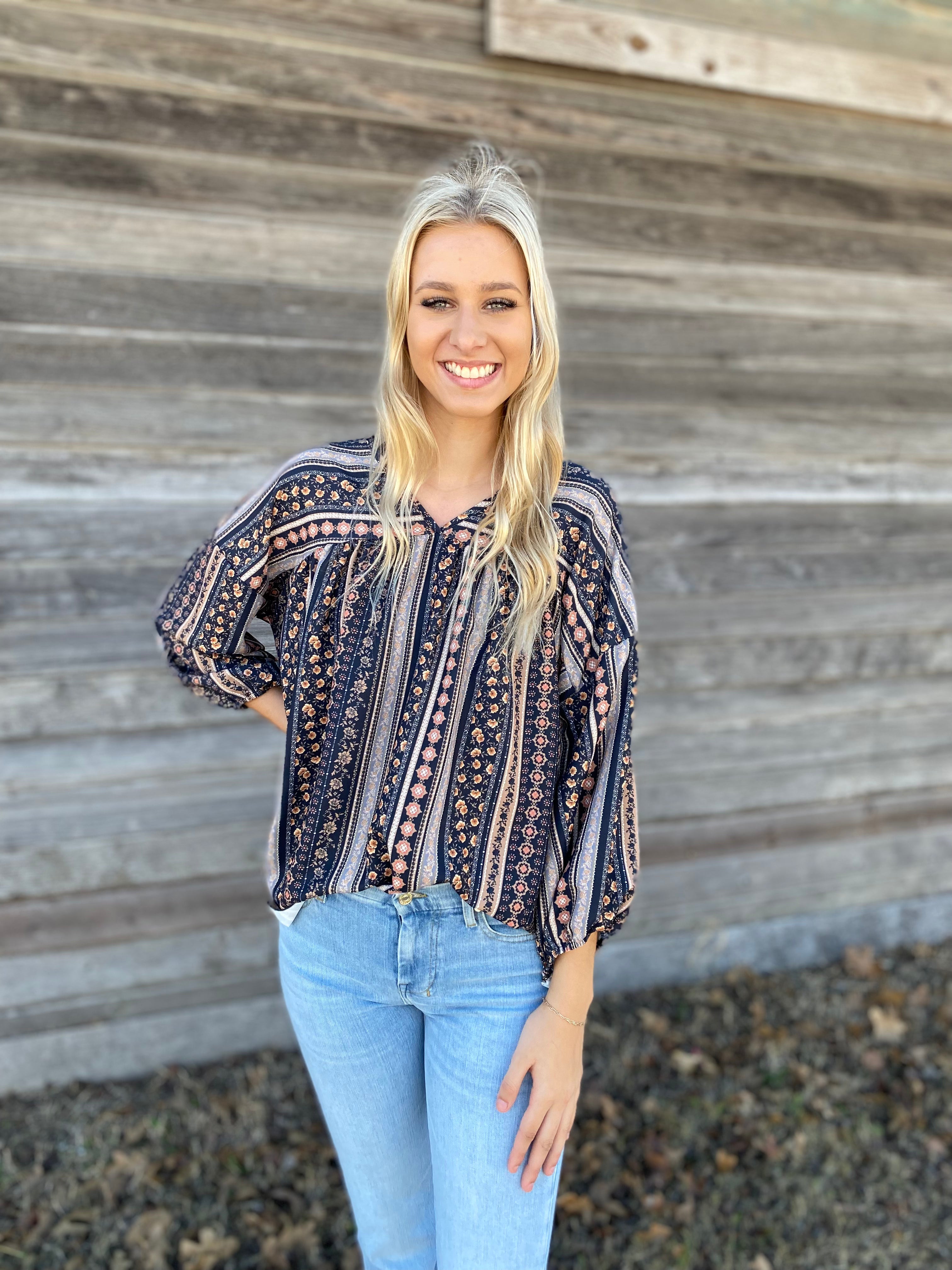 V-Neck Flower Striped Blouse