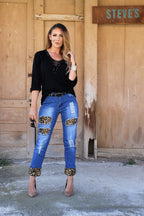 Mid Dark Relaxed Boyfriend Jean With Brown Leopard Detail (SIZE 26,28 & 30) *FINAL SALE*