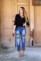 Mid Dark Relaxed Boyfriend Jean With Brown Leopard Detail (SIZE 26,28 & 30) *FINAL SALE*