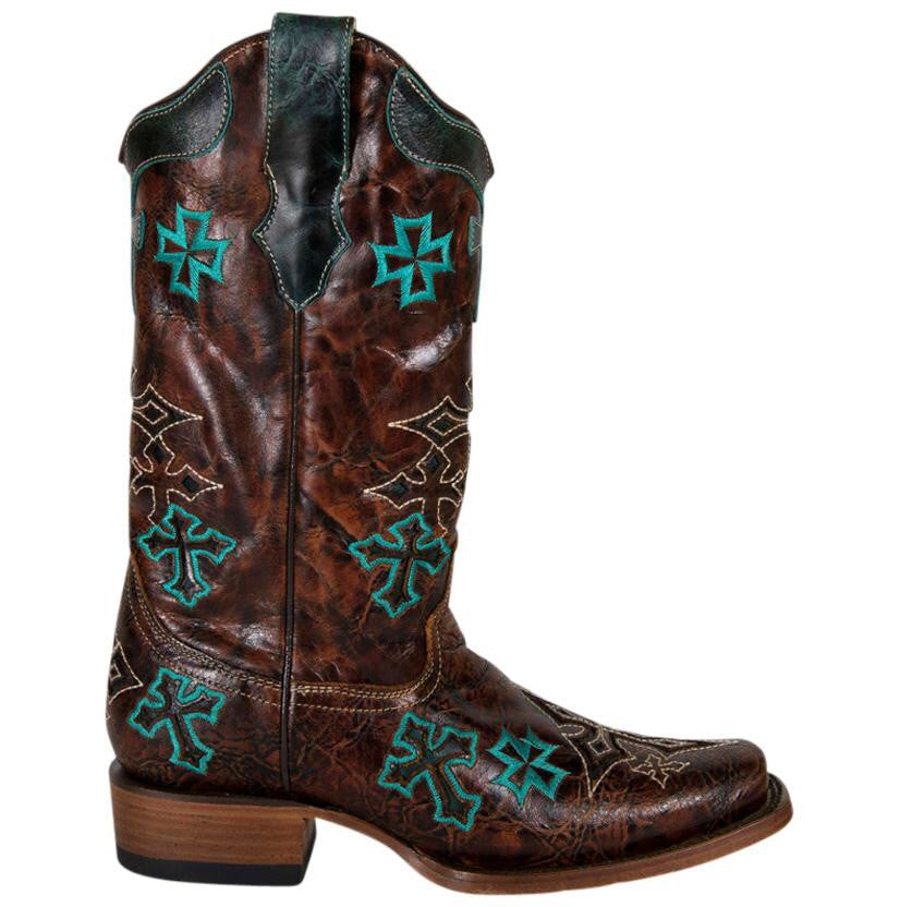 Whiskey Turquoise 3 Cross Square Toe Boots