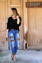 Mid Dark Relaxed Boyfriend Jean With Brown Leopard Detail (SIZE 26,28 & 30) *FINAL SALE*