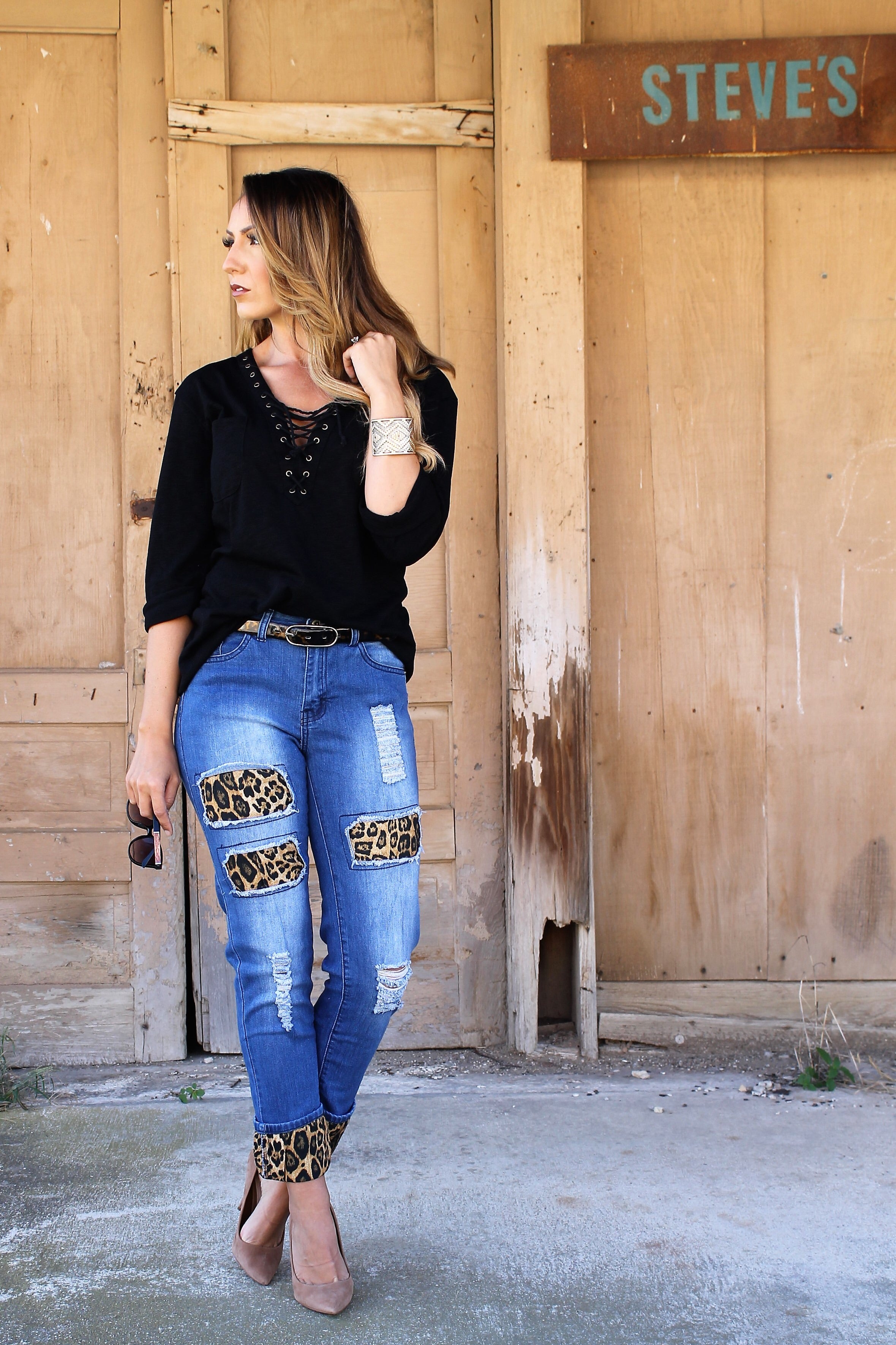 Mid Dark Relaxed Boyfriend Jean With Brown Leopard Detail (SIZE 26,28 & 30) *FINAL SALE*