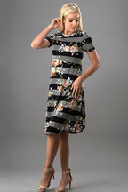 Two Tone Stripe & Floral Overlay Swing Midi Dress
