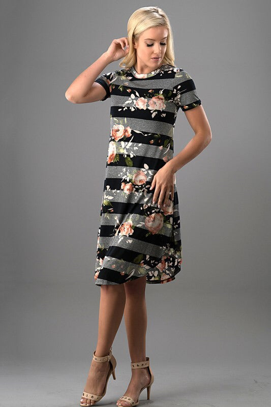 Two Tone Stripe & Floral Overlay Swing Midi Dress