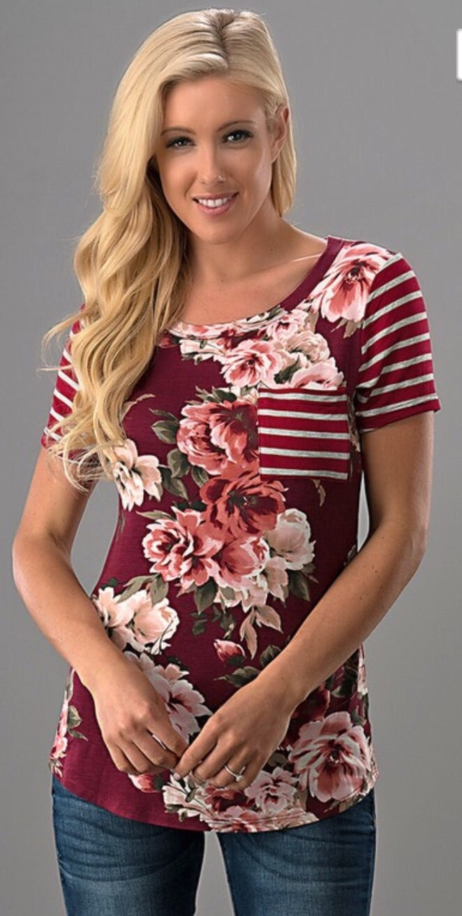 Burgundy Floral Stripe Top W/ Pocket