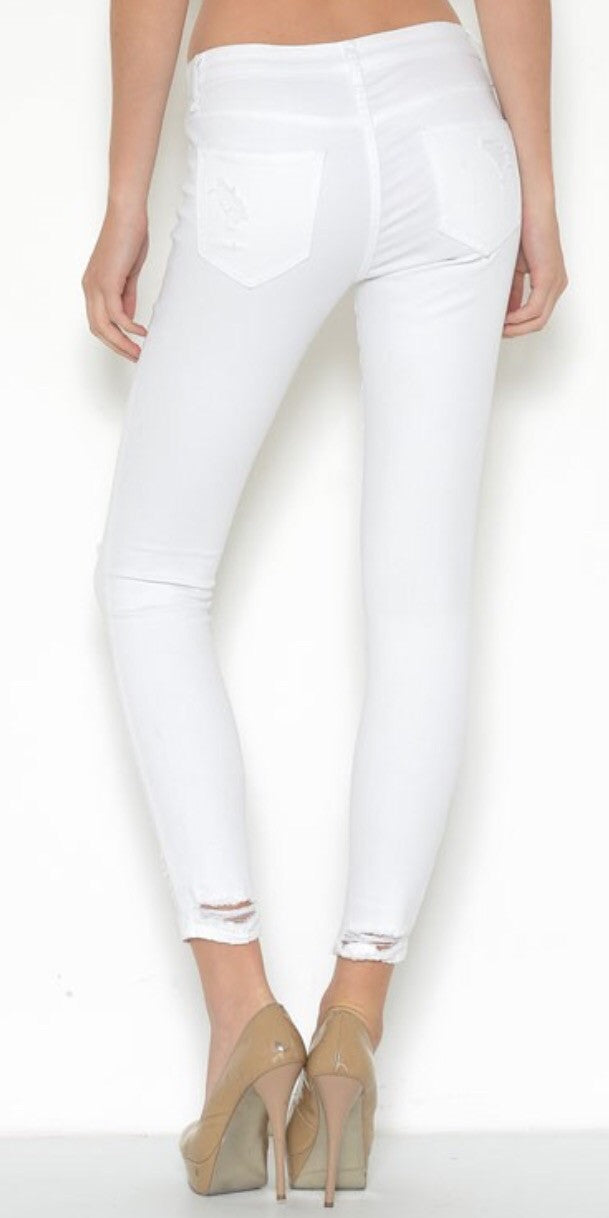 White Destroyed Cropped Ankle Jeans
