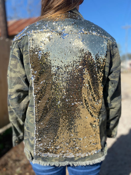 Distressed Camo Jacket with Gold