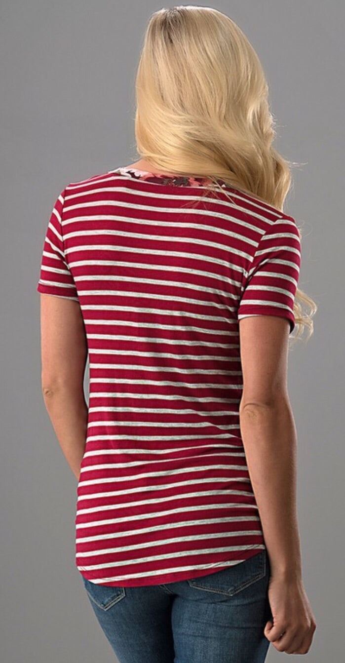 Burgundy Floral Stripe Top W/ Pocket