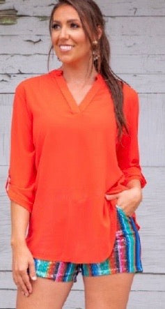 Coral Sheer Top with Curved Hem