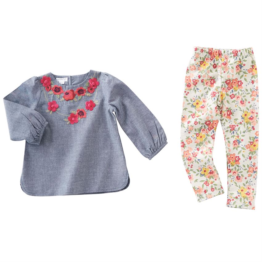 Chambray Floral Embroidered Tunic & Legging Set by Mud Pie