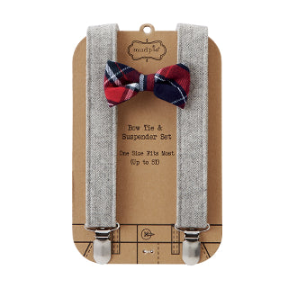 Mud Pie Holiday Best Red Plaid Bow Tie Gray Tweed Suspender Set
