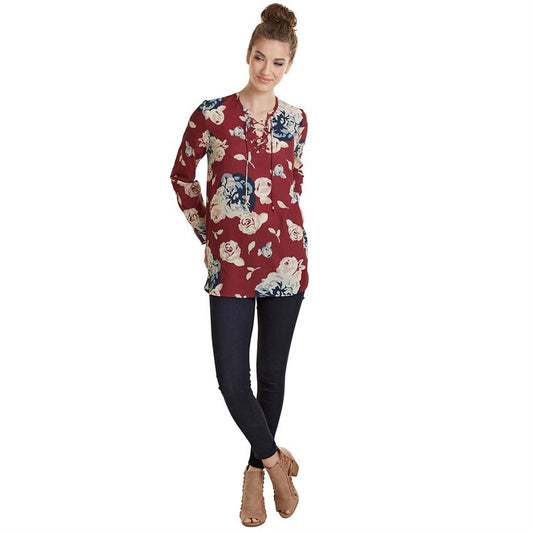 Rosalie Lace-Up Top in Berry Floral